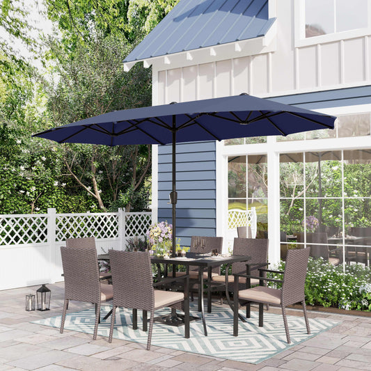 Sophia & William 8-Piece Outdoor Patio Set with 13 ft Umbrella, Rattan Chairs & Rectangle Table for 6, Navy Umbrella