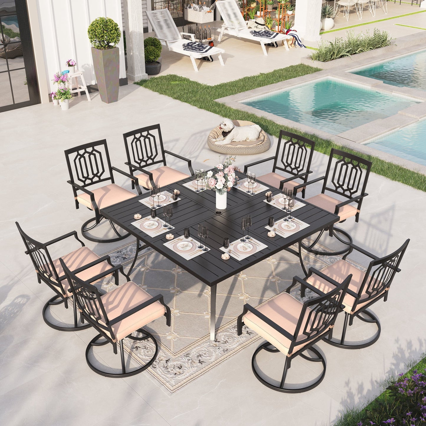Sophia & William 9 Piece Outdoor Metal Patio Dining Set 60" Square Table and Cushioned Swivel Chairs Furniture Set