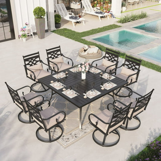 Sophia & William 9 Piece Outdoor Metal Patio Dining Set 60" Square Table and Cushioned Swivel Chairs Furniture Set