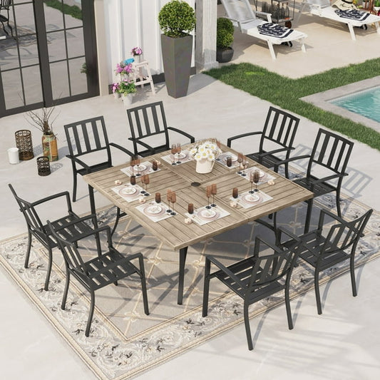 Sophia & William 9 Piece Outdoor Metal Patio Dining Set 60" Wood-like Square Table and Chairs Furniture Set for 8, Brown