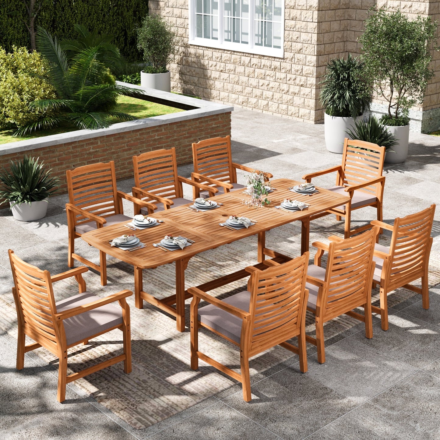 Sophia & William 9 Pieces Patio Dining Set Acacia Wood Outdoor Furniture Set Expandable Table and Natural Wood Chairs with Cushions for Lawn, Garden, Backyard