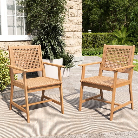 Sophia & William 2-Piece Acacia Wood Patio Dining Chairs with Hand-woven Rattan Seat & Back, Outdoor Patio Armchairs