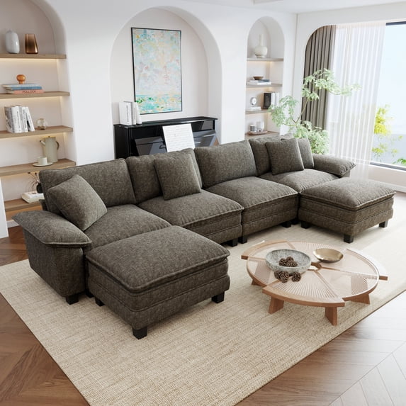 Sophia&William Large Sectionals for Living Room, U-Shaped Chenille Cloud Couch Sofa Set 6-Seater Oversized Sofa with 4 Throw Pillows & 2 Ottomans, Ash Gray