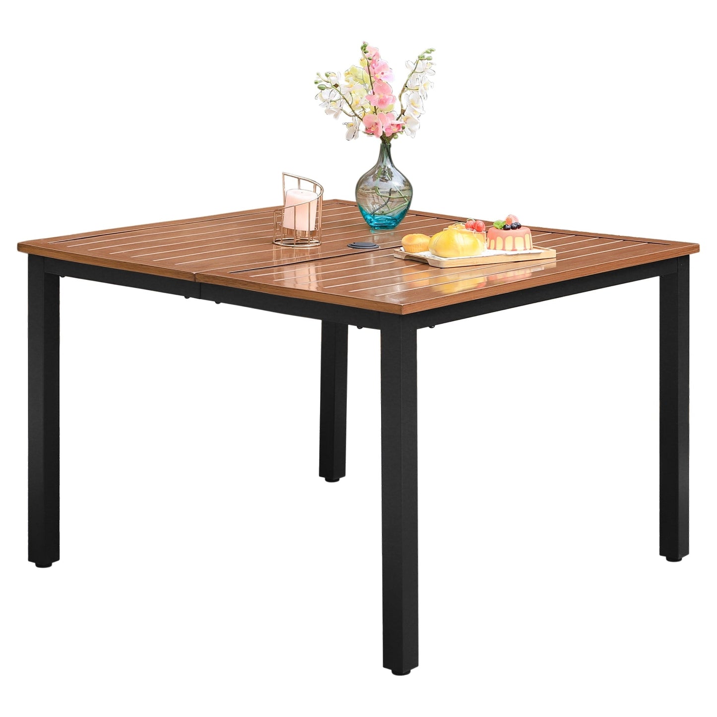 Sophia & William Outdoor Dining Table Patio Teak Steel Square Table for 4-person with Umbrella Hole