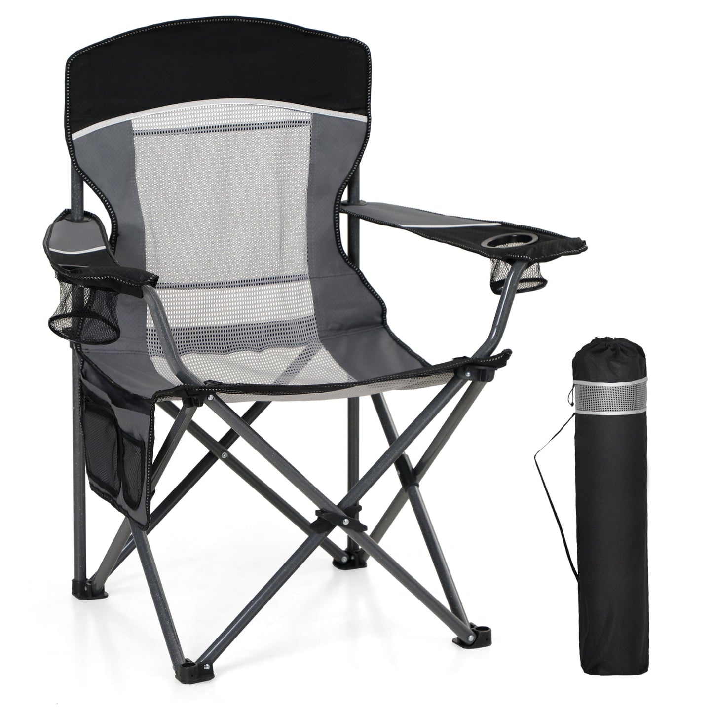Sophia & William Oversized Camping Chair Portable Mesh Folding Chair with Cup Holder Supports Up to 450Lbs for Outdoor, Fishing, Beach, Backyard， Black