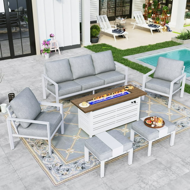Sophia & William Patio Aluminum Conversation Set Outdoor Furniture Set with 50,000BTU Fire Pit Table, Gray Cushions