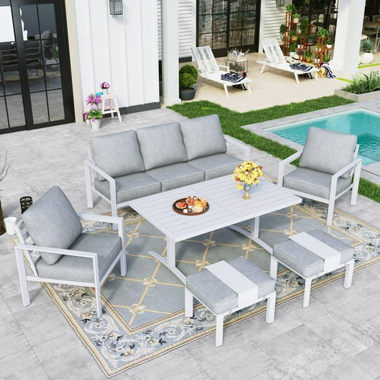 Sophia & William Patio Aluminum Conversation Set Outdoor White Frame Sofa & Ottomans Funiture Set, Gray Cushions