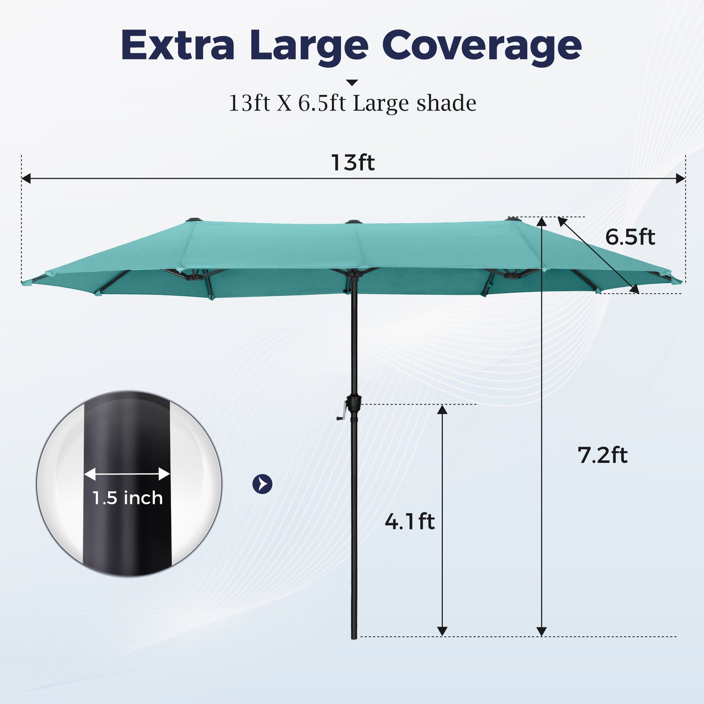 Alpha Joy 13x6.5ft Double-Sided Extra Large Outdoor Patio Market Rectangle Umbrella with Crank Handle, Turquoise