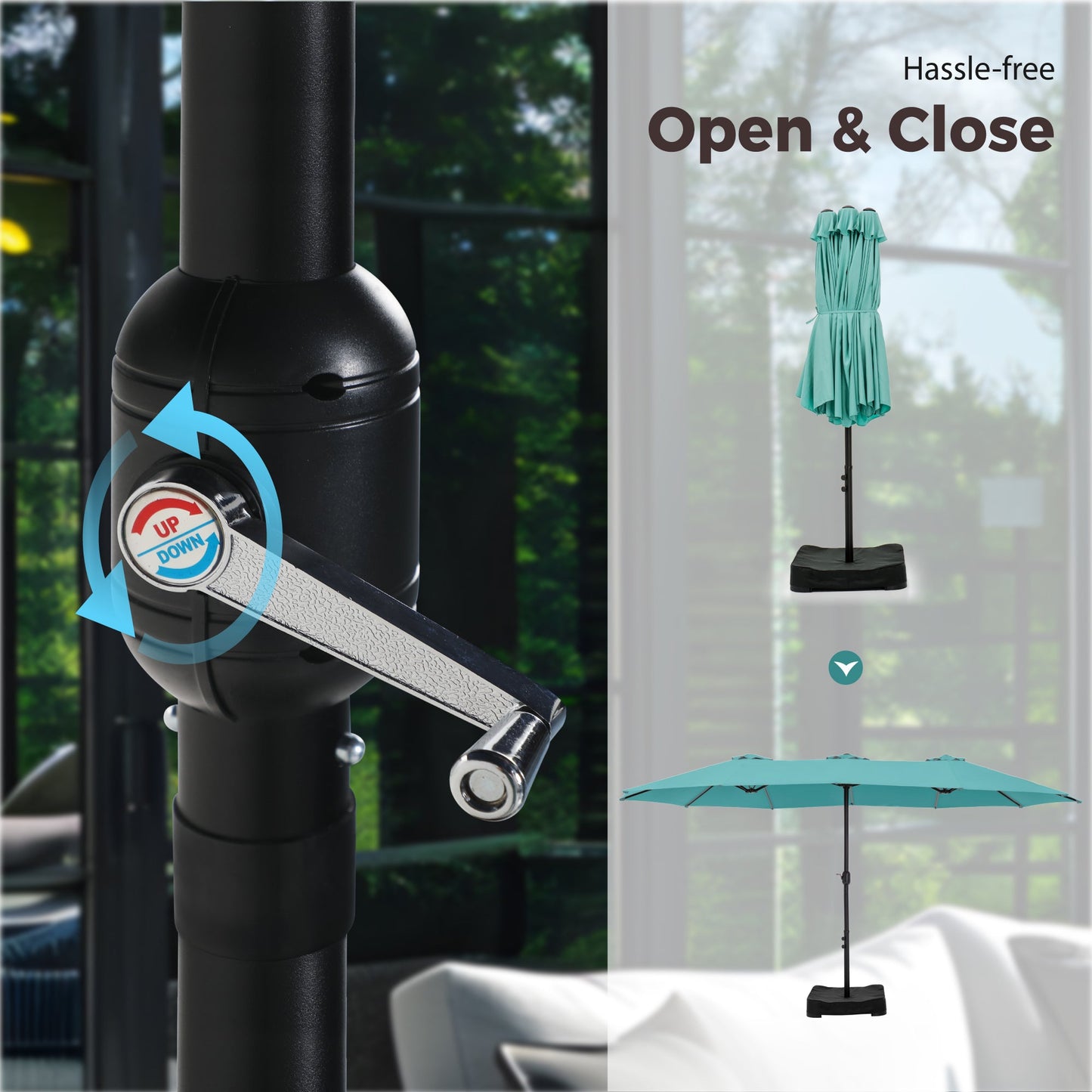 Alpha Joy 15ft Outdoor Patio Umbrella Extra-Large Double-Sided Garden Umbrella with Crank Handle and Base - Turquoise