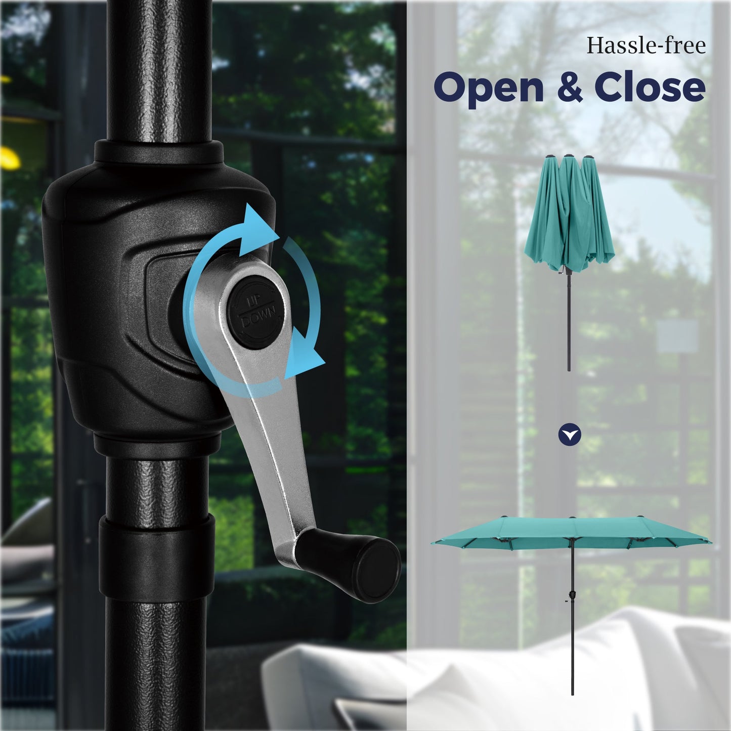 Alpha Joy 13x6.5ft Double-Sided Extra Large Outdoor Patio Market Rectangle Umbrella with Crank Handle, Turquoise