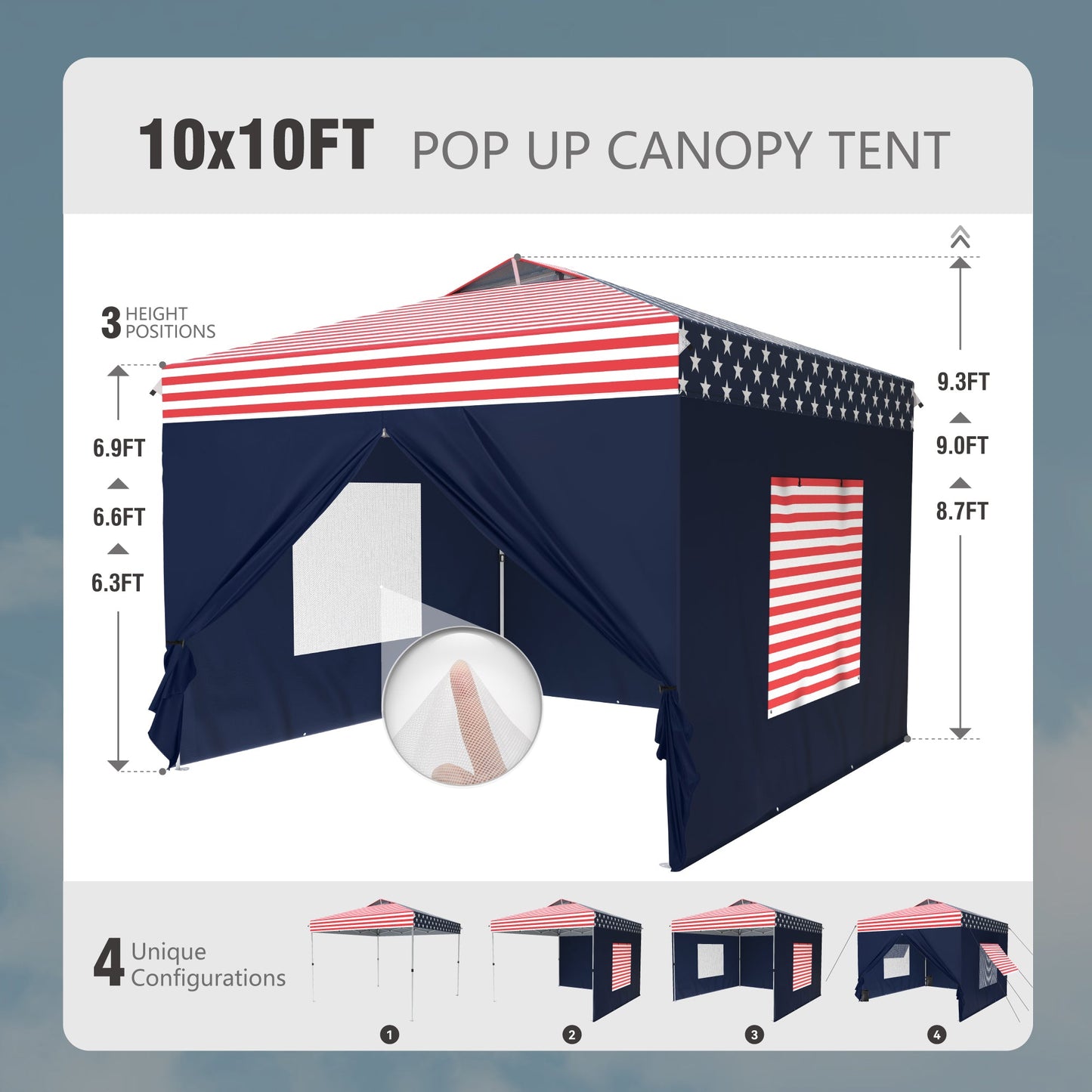 10'x 10'ft Pop Up 3 Height Adjustable Canopy Tent with 4 Side Walls