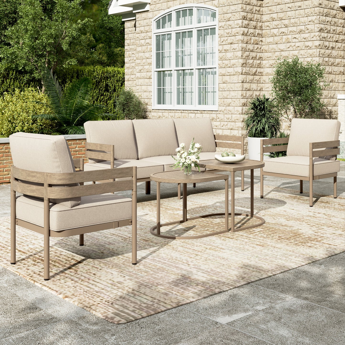 Sophia & William 5 Seat Patio Outdoor Furniture Set Wooden-like Streamlined Conversation Set with Chairs & Combined Coffee Table, Beige