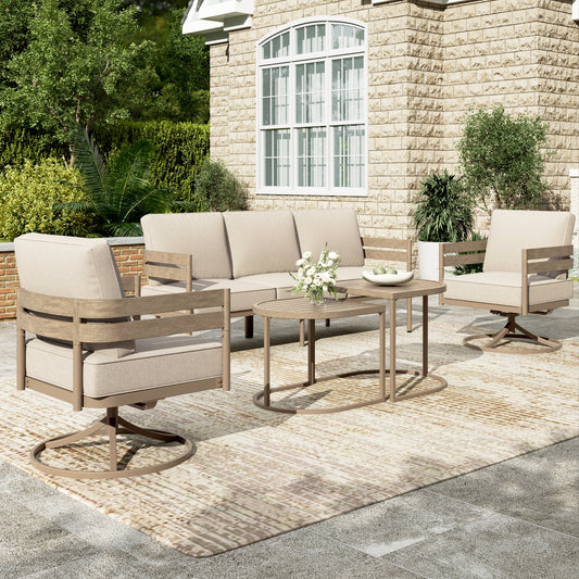 Sophia & William 5 Seat Patio Outdoor Furniture Set Wooden-like Streamlined Conversation Set with Swivel Chairs & Combined Coffee Table, Beige