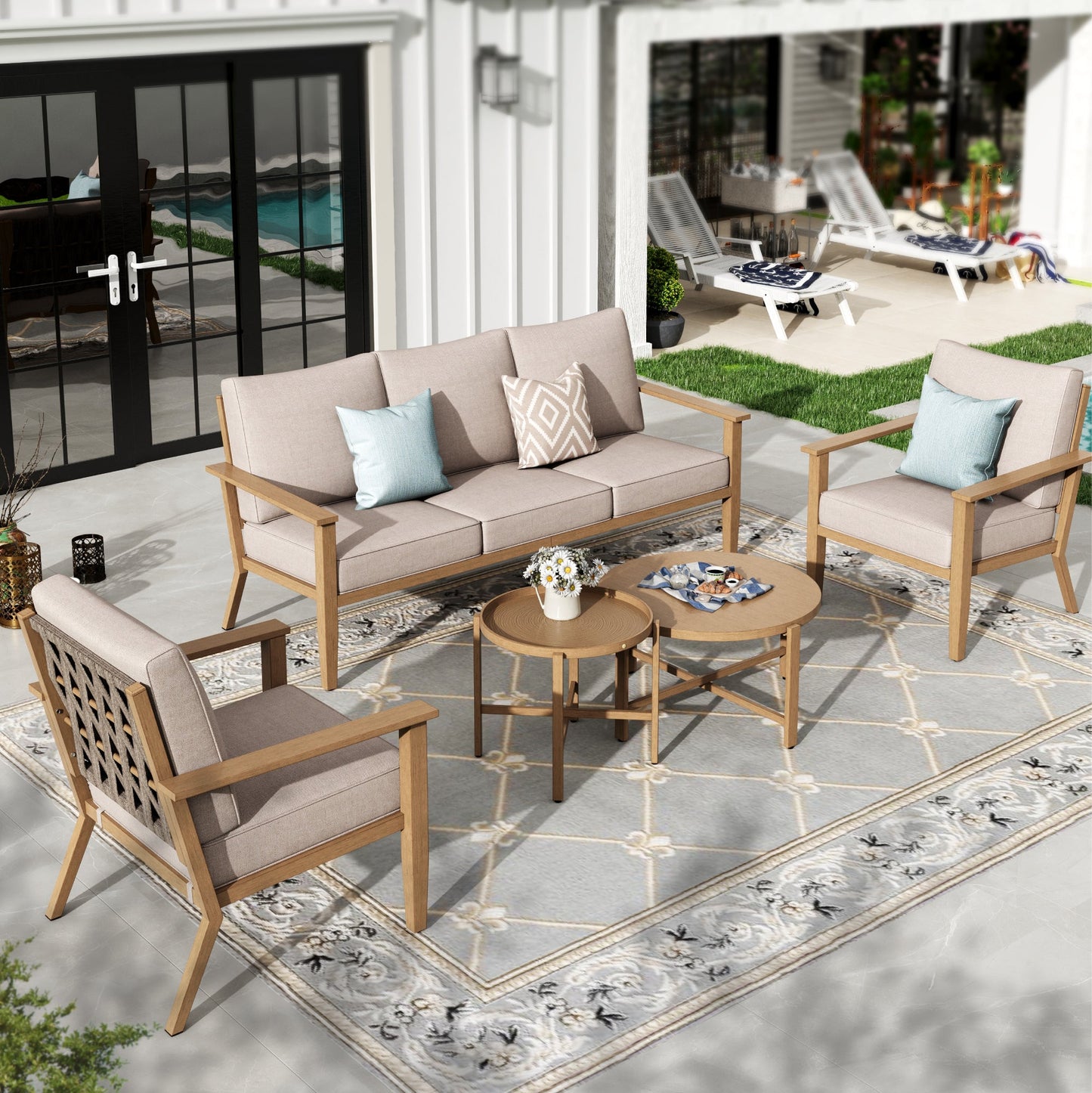 Sophia & William 5 Seat Patio Outdoor Furniture Set Wooden-like Conversation Set with Chairs & Coffee Table, Beige