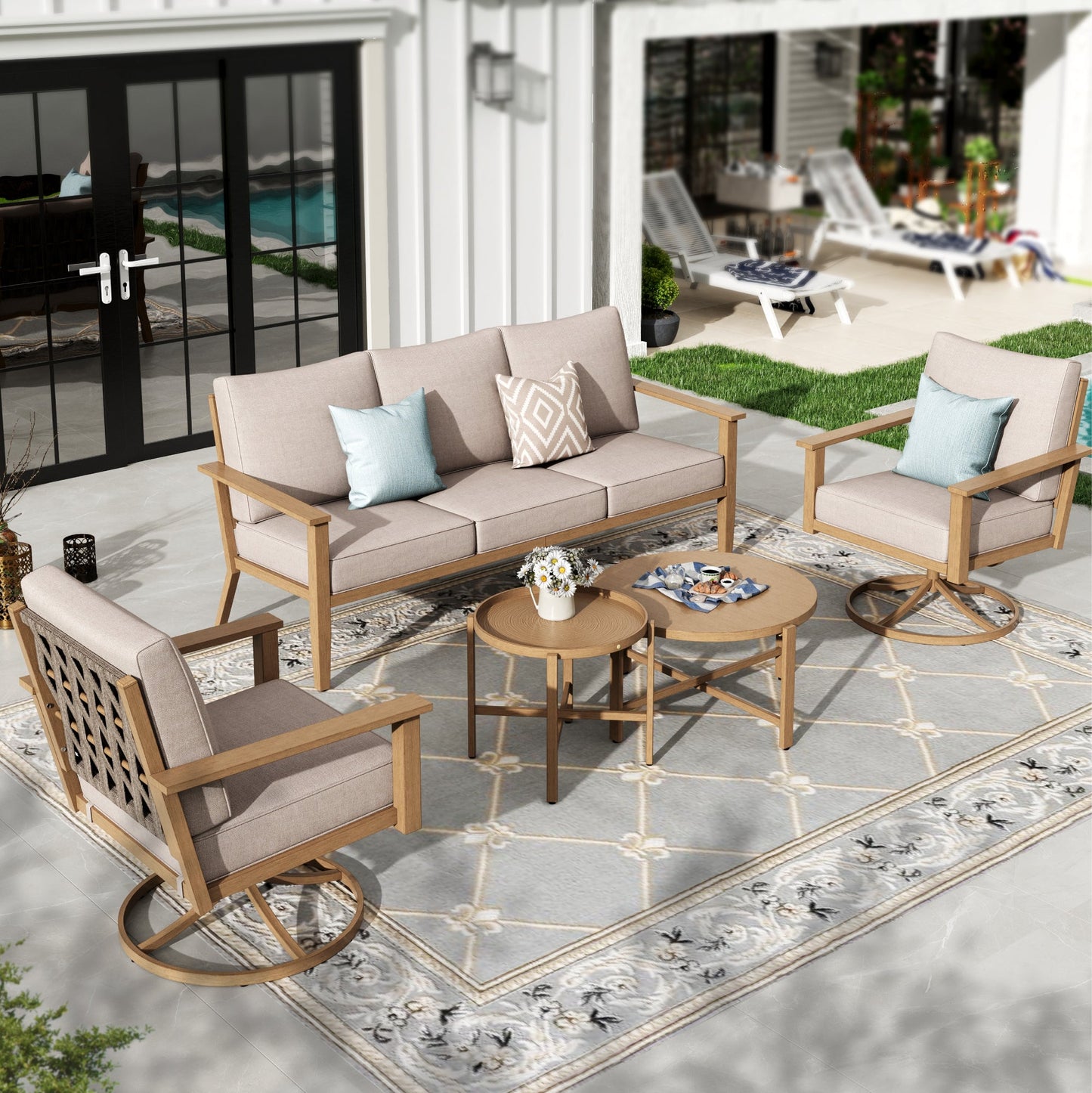 Sophia & William 5 Seat Patio Outdoor Furniture Set Wooden-like Conversation Set with Swivel Chairs & Coffee Table, Beige