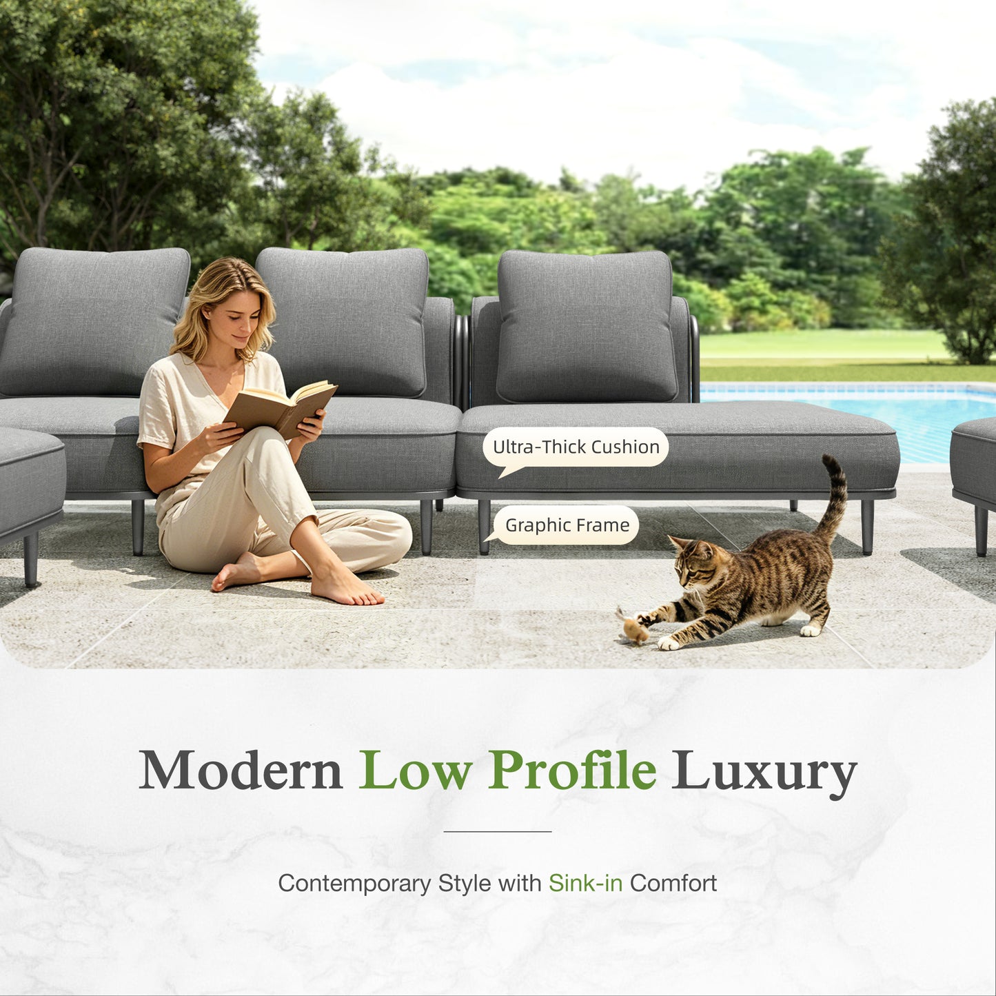 Sophia & William 11-Piece Modular Patio Furniture Set 10-Seat Low-Profile Sofa with Extra Thick Cushions, Nesting Tables & Side Table, Grey