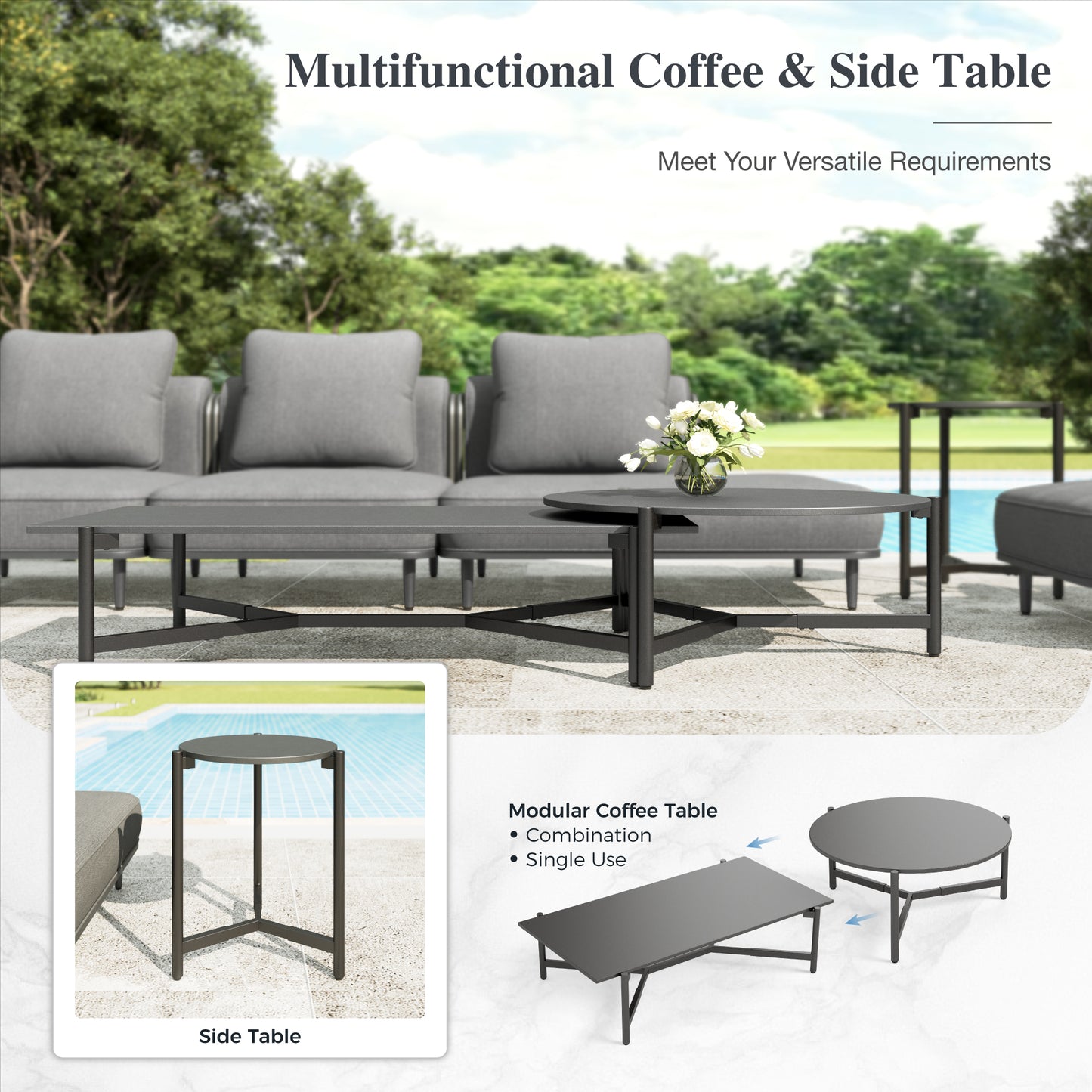 Sophia & William 11-Piece Modular Patio Furniture Set 10-Seat Low-Profile Sofa with Extra Thick Cushions, Nesting Tables & Side Table, Grey