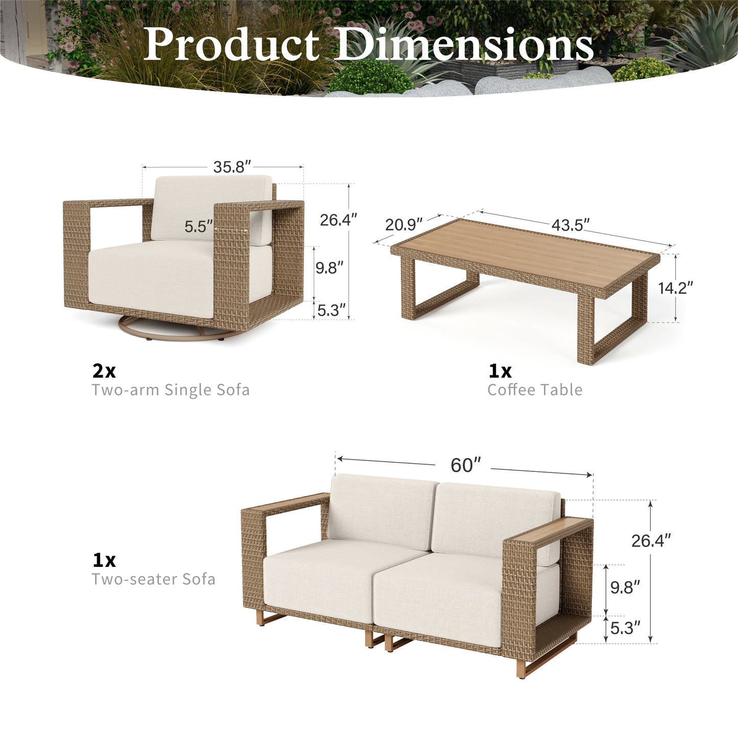 Sophia & William 5 Pieces Wicker Patio Furniture Set 4-Seat Outdoor Cushioned Conversation Set with 2Pcs Swivel Chairs, Yellow-Brown & Beige