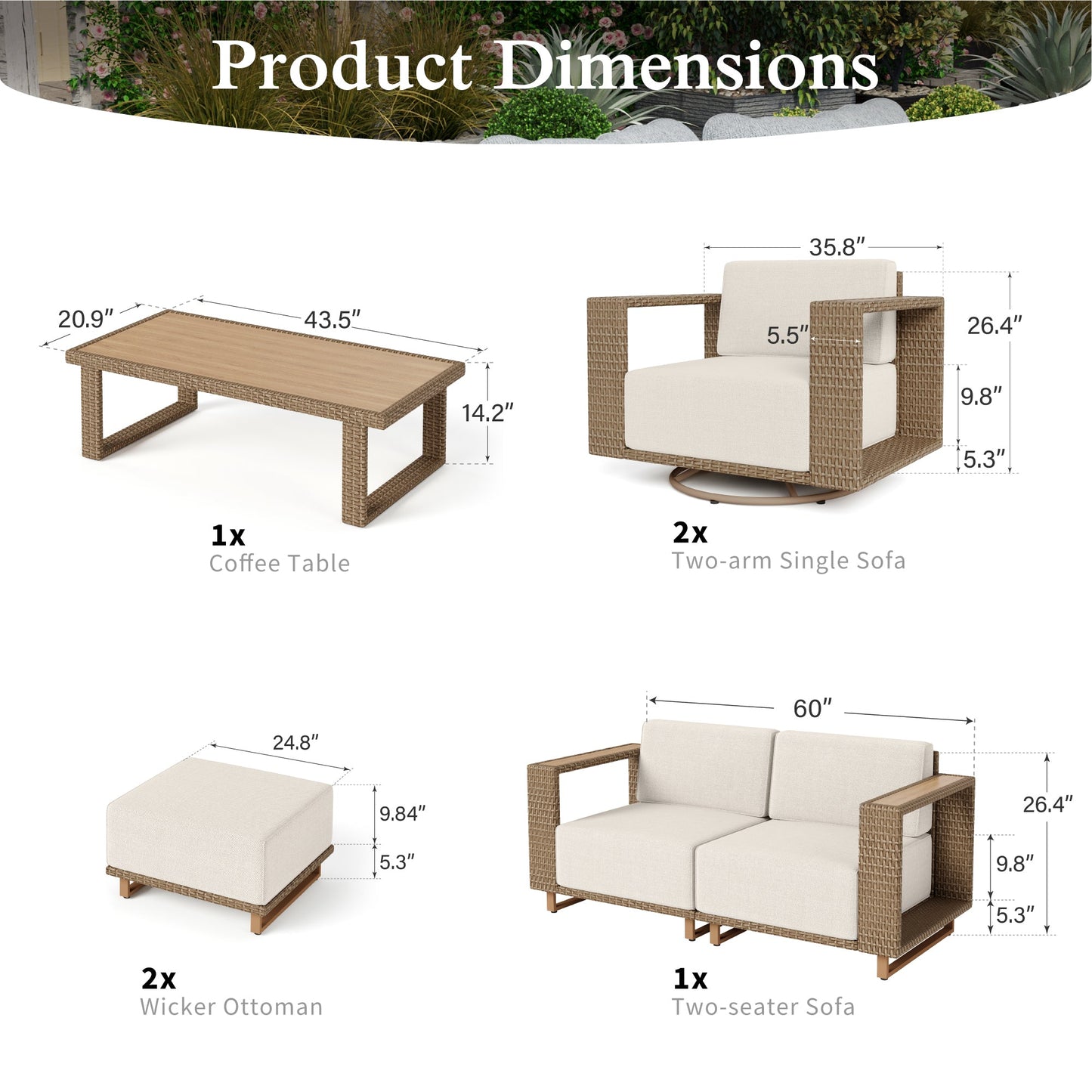 Sophia & William 7 Pieces Wicker Patio Furniture Set 6-Seat Outdoor Cushioned Conversation Set with 2Pcs Swivel Chairs, Yellow-Brown & Beige