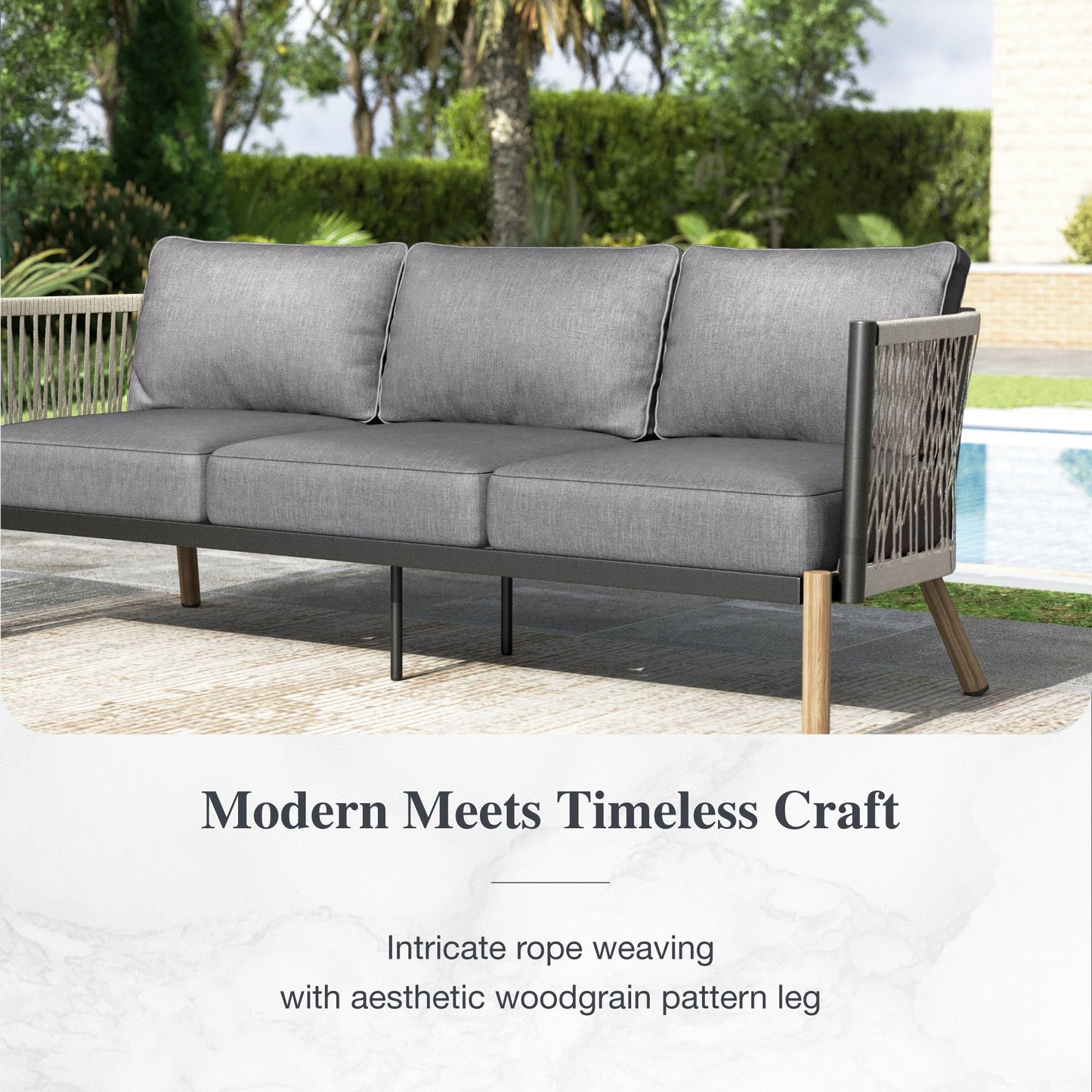 Sophia & William 6 Pieces Rope Weaving Metal Patio Furniture Set 6-Seat Outdoor Cushioned Conversation Set with Coffee Table, Gray