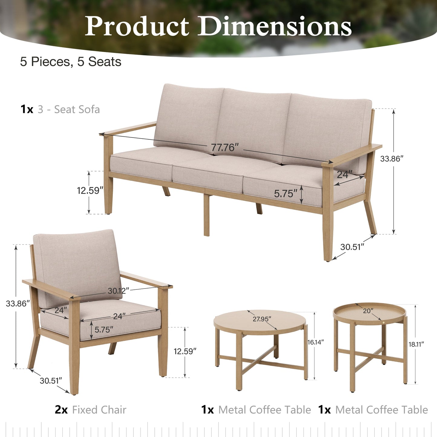 Sophia & William 5 Seat Patio Outdoor Furniture Set Wooden-like Conversation Set with Chairs & Coffee Table, Beige