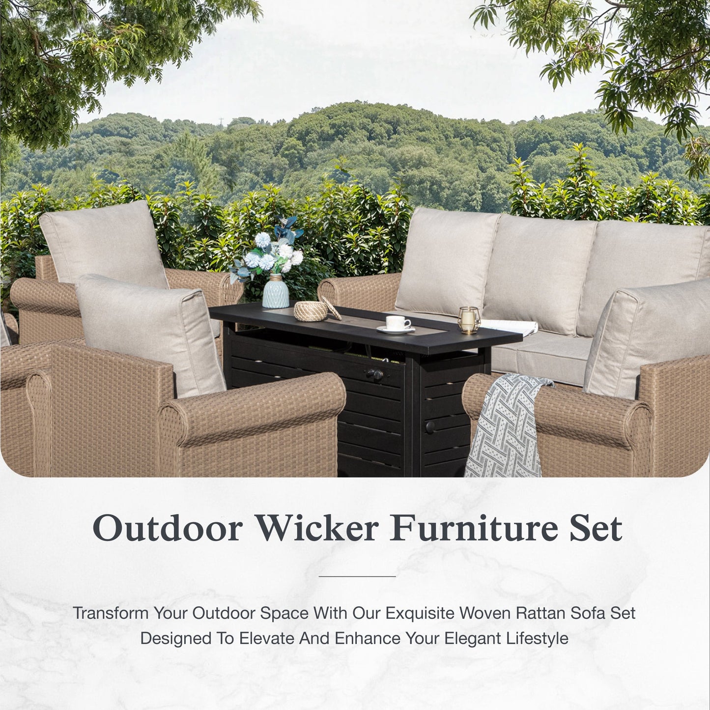 Sophia & William 6 Pieces Wicker Patio Furniture Set 7-Seat Outdoor Cushioned Conversation Set with Fire Pit Table, Beige