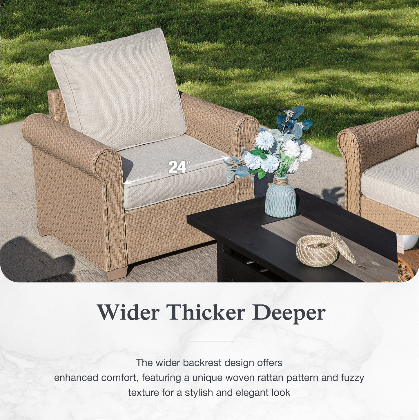 Sophia & William 8 Pieces Wicker Patio Furniture Set 7-Seat Outdoor Cushioned Conversation Set with Fire Pit Table, Yellow & Beige