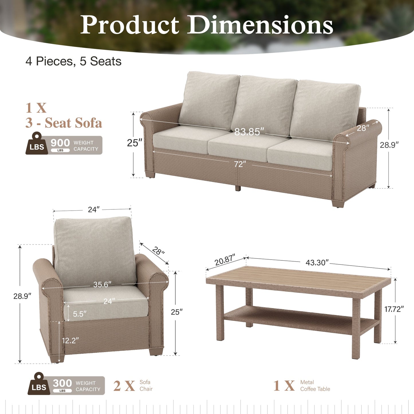 Sophia & William 4 Pieces Wicker Patio Furniture Set 5-Seat Outdoor Cushioned Conversation Set with Coffe Table, Beige