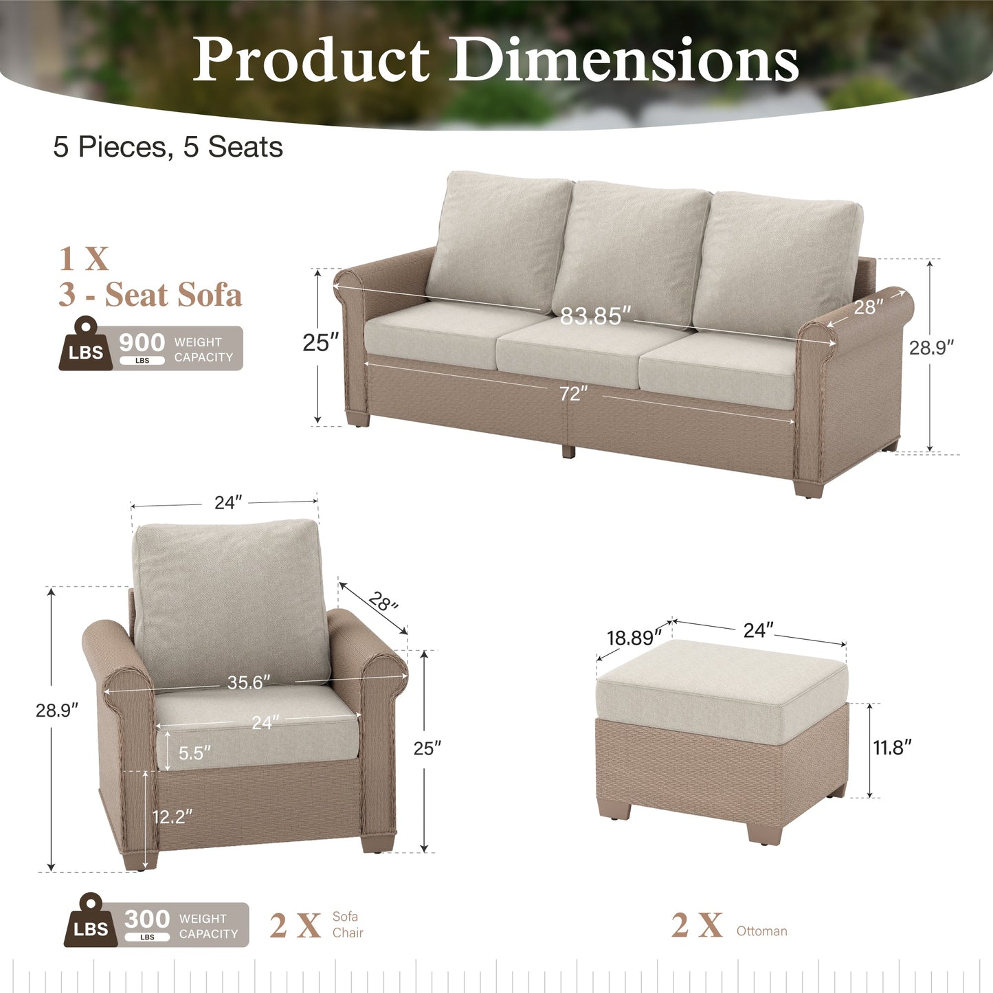 Sophia & William 5 Pieces Wicker Patio Furniture Set 7-Seat Outdoor Conversation Set with Cushions, Beige
