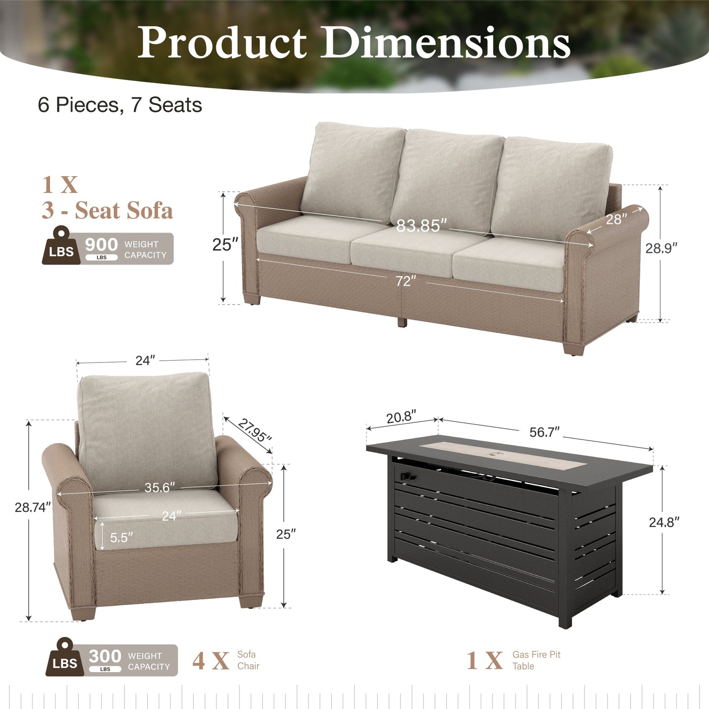 Sophia & William 6 Pieces Wicker Patio Furniture Set 7-Seat Outdoor Cushioned Conversation Set with Fire Pit Table, Beige