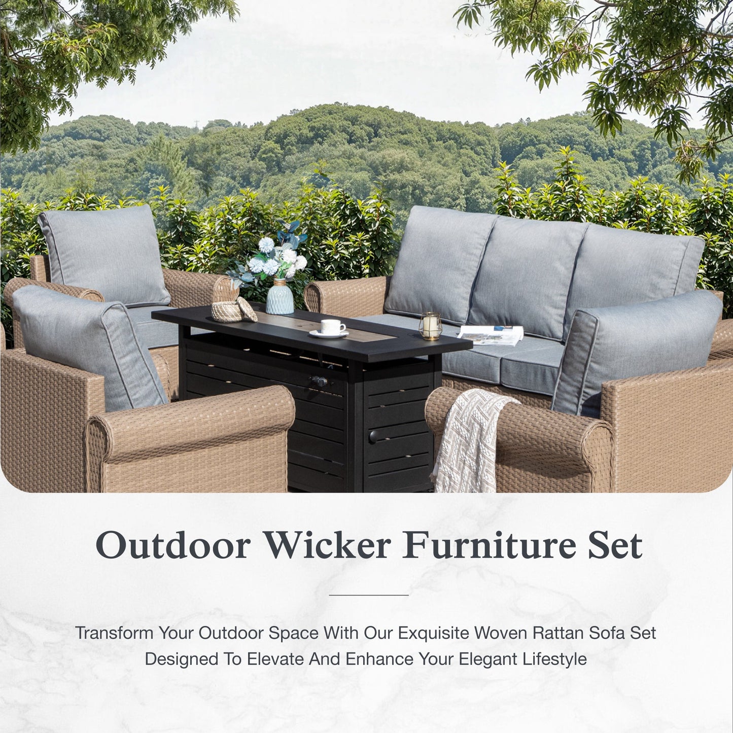 Sophia & William 6 Pieces Wicker Patio Furniture Set 7-Seat Outdoor Cushioned Conversation Set with Coffe Table, Yellow & Gray