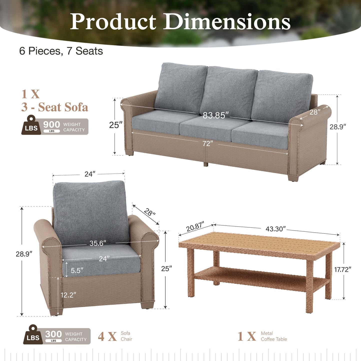 Sophia & William 6 Pieces Wicker Patio Furniture Set 7-Seat Outdoor Cushioned Conversation Set with Coffe Table, Gray