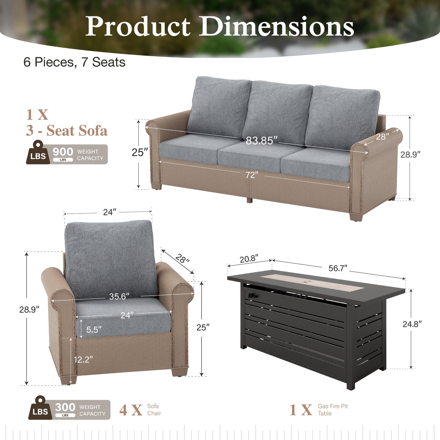 Sophia & William 6 Pieces Wicker Patio Furniture Set 7-Seat Outdoor Cushioned Conversation Set with Fire Pit Table, Gray