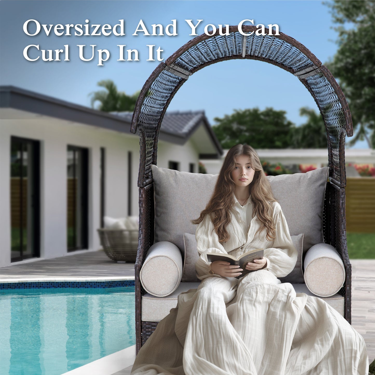 Sophia & William Outdoor Patio Oversized Rattan Wicker Egg Chair with Cushion, Brown & Beige