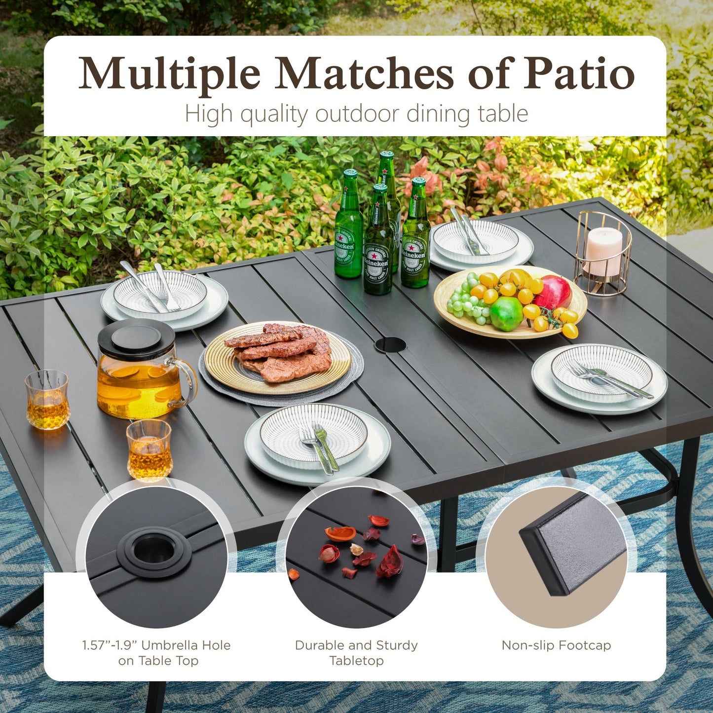 Alpha Joy Outdoor Patio Dining Set with Rectangular Metal Table & Textilene Chairs for 6, Blue