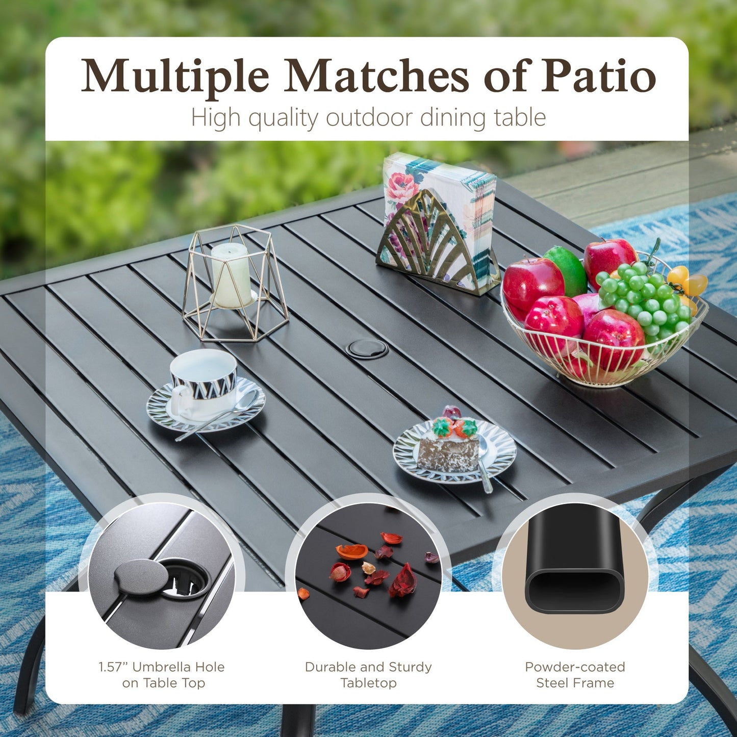 Alpha Joy 6-Piece Outdoor Patio Dining Set with 9ft Umbrella, Rattan Chairs & Square Table Set for 4, Navy Umbrella