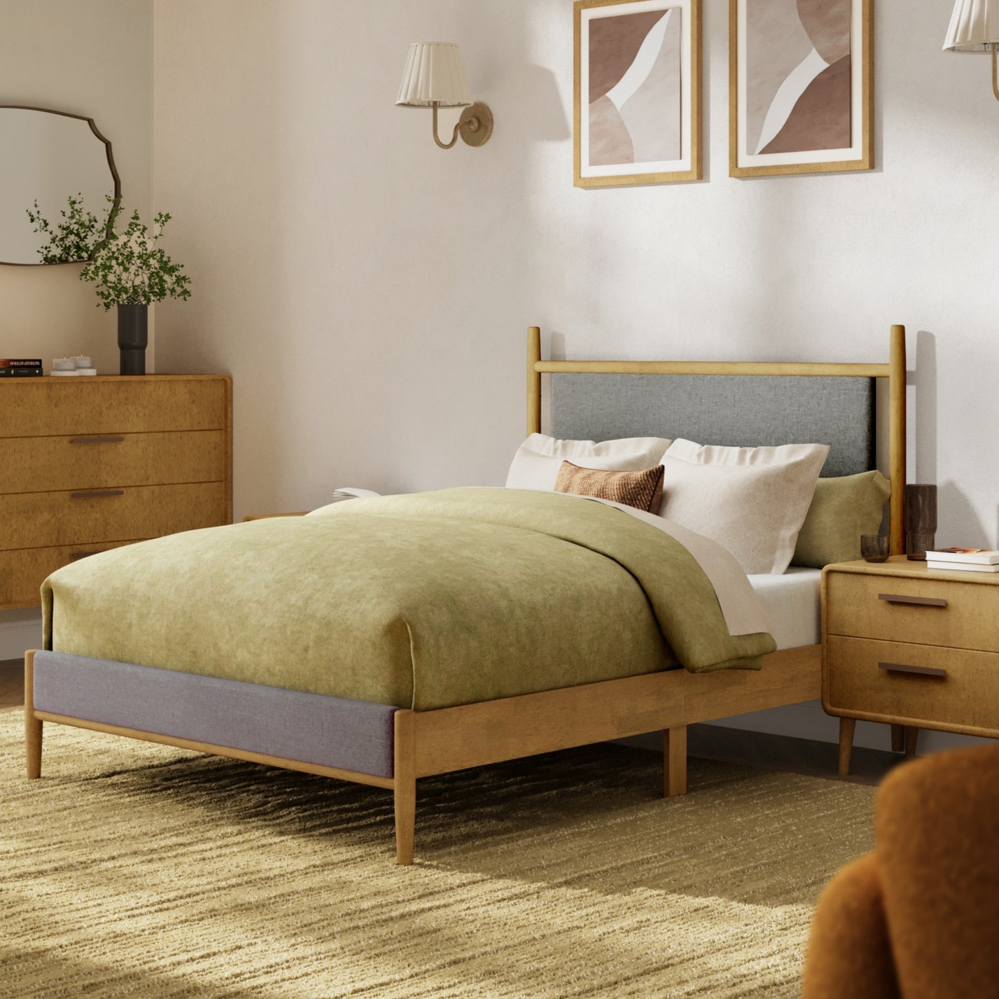 Sophia & William Full Size Wood Bed Frame Upholstered Platform Bed Frame with Headboard & Footboard Mid-Century Bedroom Furniture,No Box Spring Needed,Gray