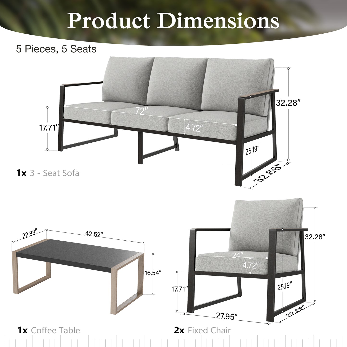 Sophia&William 5 Seat Outdoor Patio Furniture Set Modern Metal Cushioned Conversation Set with Wider Chairs & Wood-grain Coffee Table, Gray