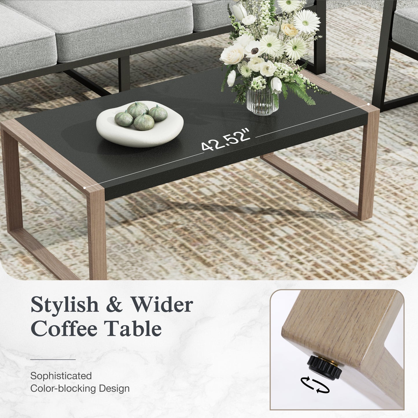 Sophia&William 5 Seat Outdoor Patio Furniture Set Modern Metal Cushioned Conversation Set with Wider Chairs & Wood-grain Coffee Table, Gray