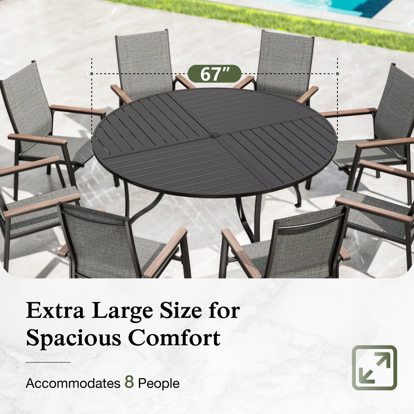 Sophia & William 9 Pieces Outdoor Metal Patio Dining Set Swivel Textilene Chairs and 67inch Large Round Table Set for 8