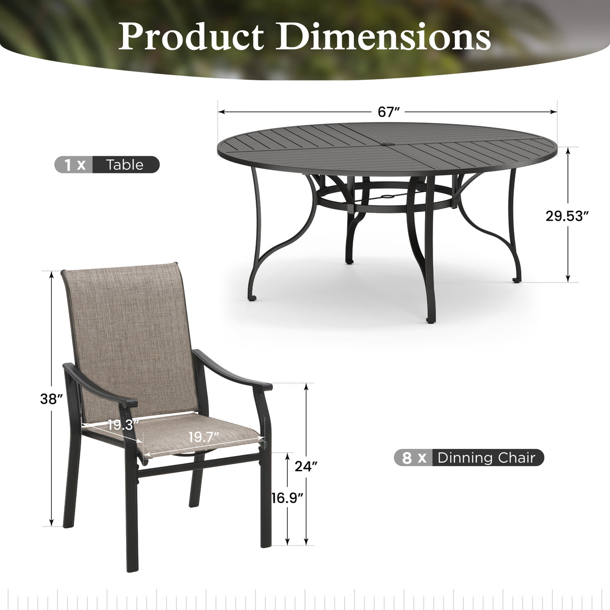 Sophia & William 9 Pieces Outdoor Metal Patio Dining Set Fixed Textilene Chairs and 67inch Large Round Table Set for 8
