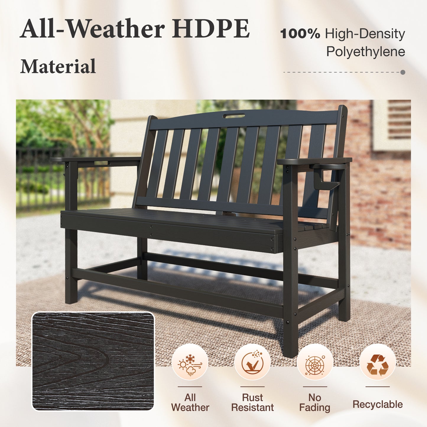 Alpha Joy 50" HDPE Outdoor Patio Garden Bench with Reinforced Structure for Park, Yard and Porch, Black