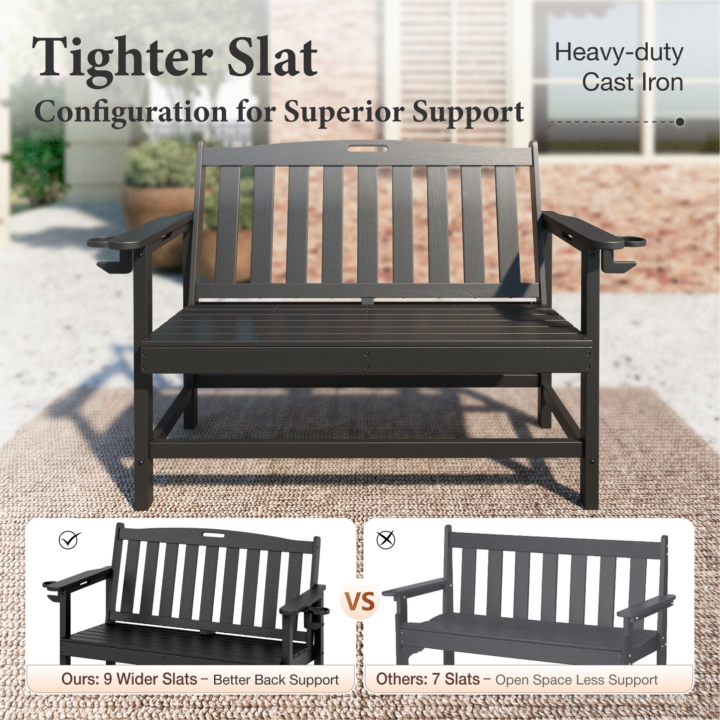 Alpha Joy 50" HDPE Outdoor Patio Garden Bench with Reinforced Structure for Park, Yard and Porch, Black
