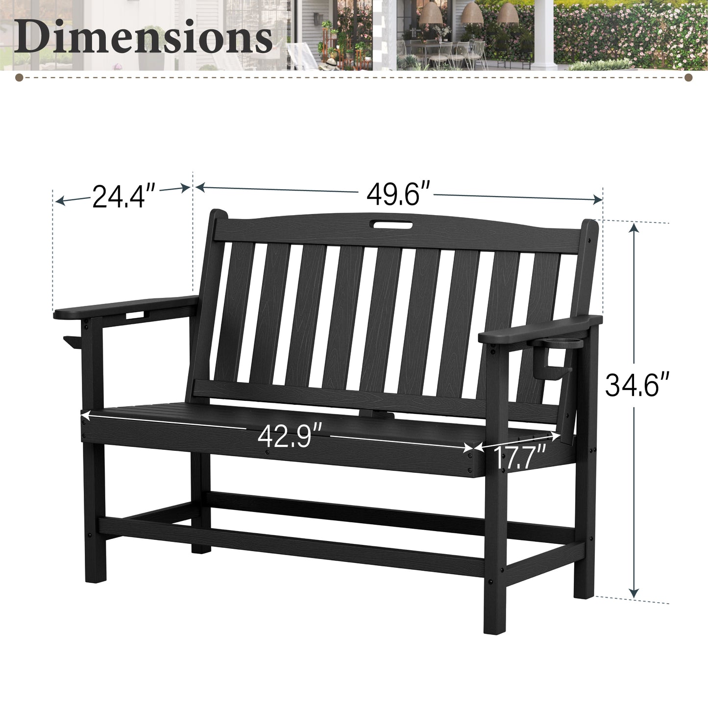 Alpha Joy 50" HDPE Outdoor Patio Garden Bench with Reinforced Structure for Park, Yard and Porch, Black
