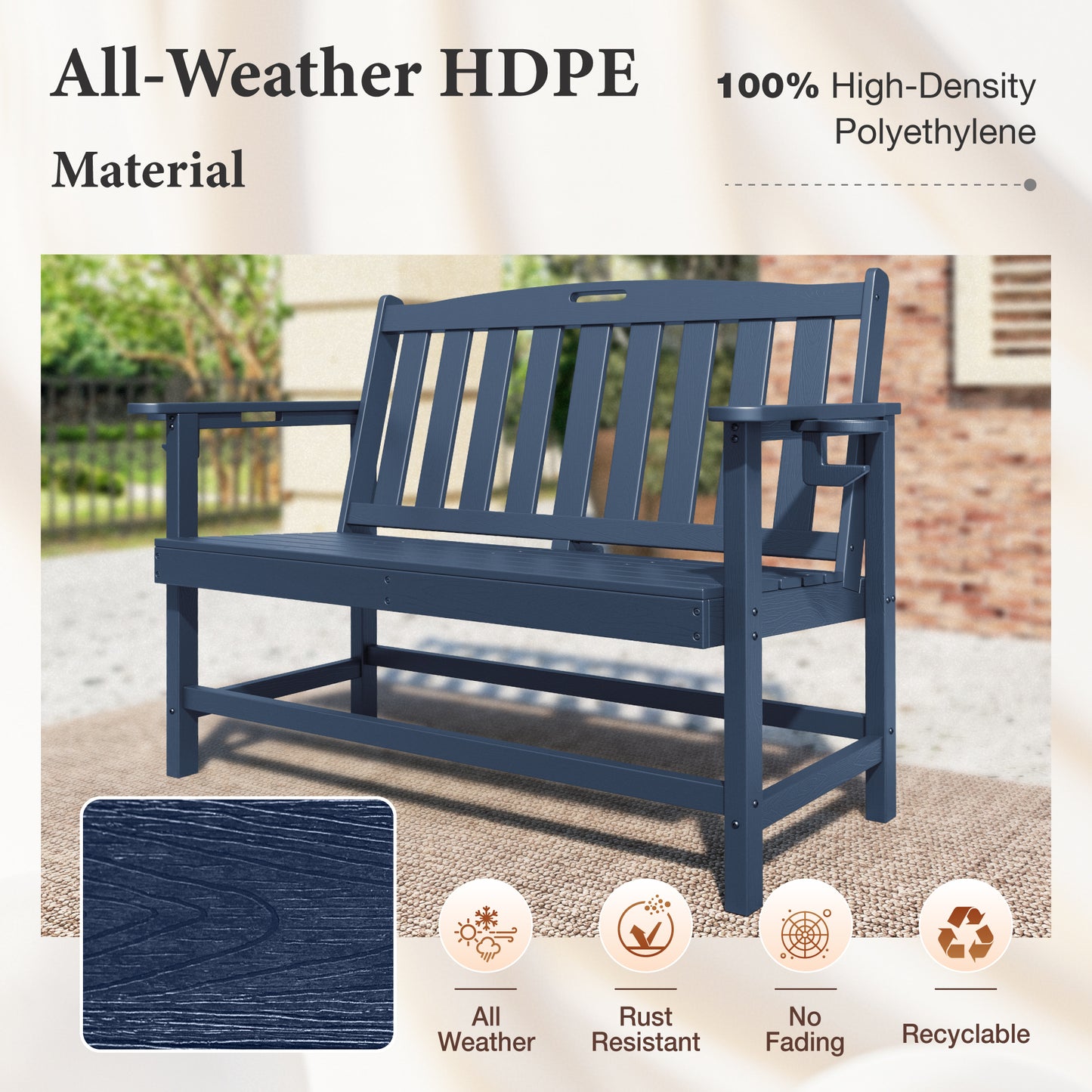 Alpha Joy 50" HDPE Outdoor Patio Garden Bench with Reinforced Structure for Park, Yard and Porch, Navy Blue