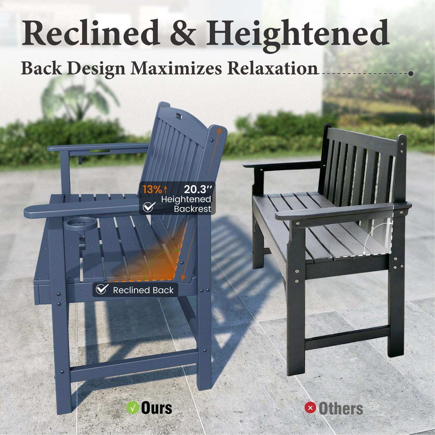 Alpha Joy 50" HDPE Outdoor Patio Garden Bench with Reinforced Structure for Park, Yard and Porch, Navy Blue