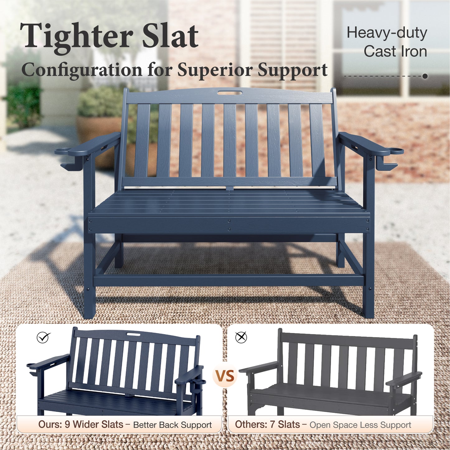 Alpha Joy 50" HDPE Outdoor Patio Garden Bench with Reinforced Structure for Park, Yard and Porch, Navy Blue