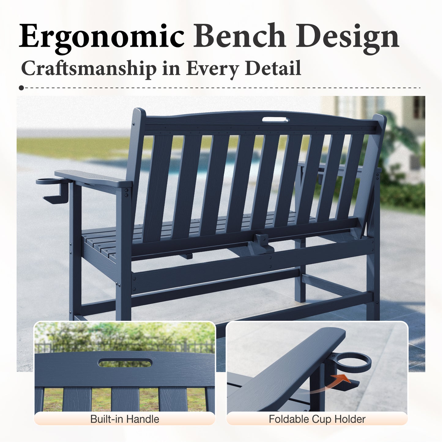 Alpha Joy 50" HDPE Outdoor Patio Garden Bench with Reinforced Structure for Park, Yard and Porch, Navy Blue