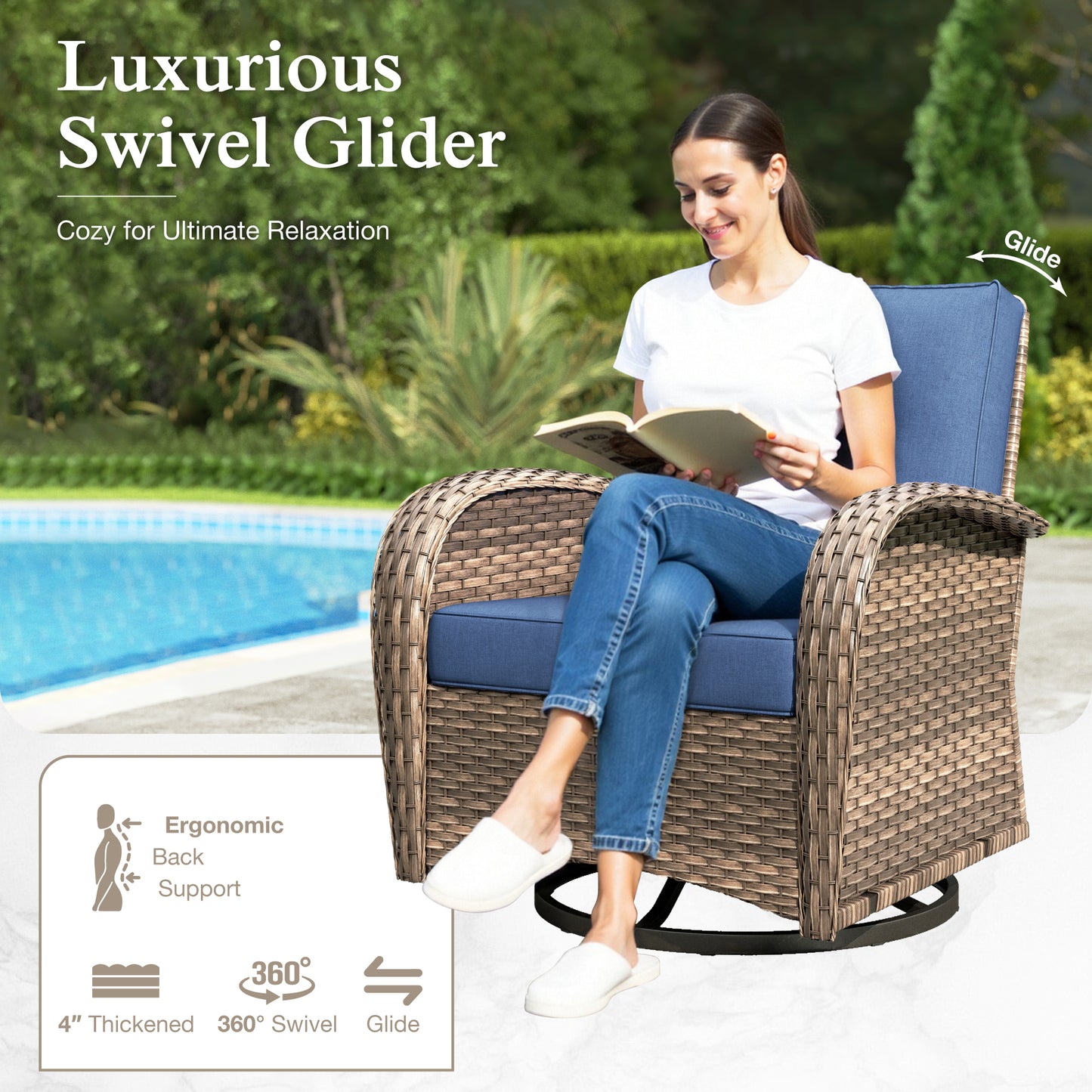 Sophia & William 6 Pieces Outdoor Patio Furniture Set 7-Seat Wicker Outdoor Conversation Sofa Set with Swivel Glider & 2 Ottomans, Navy