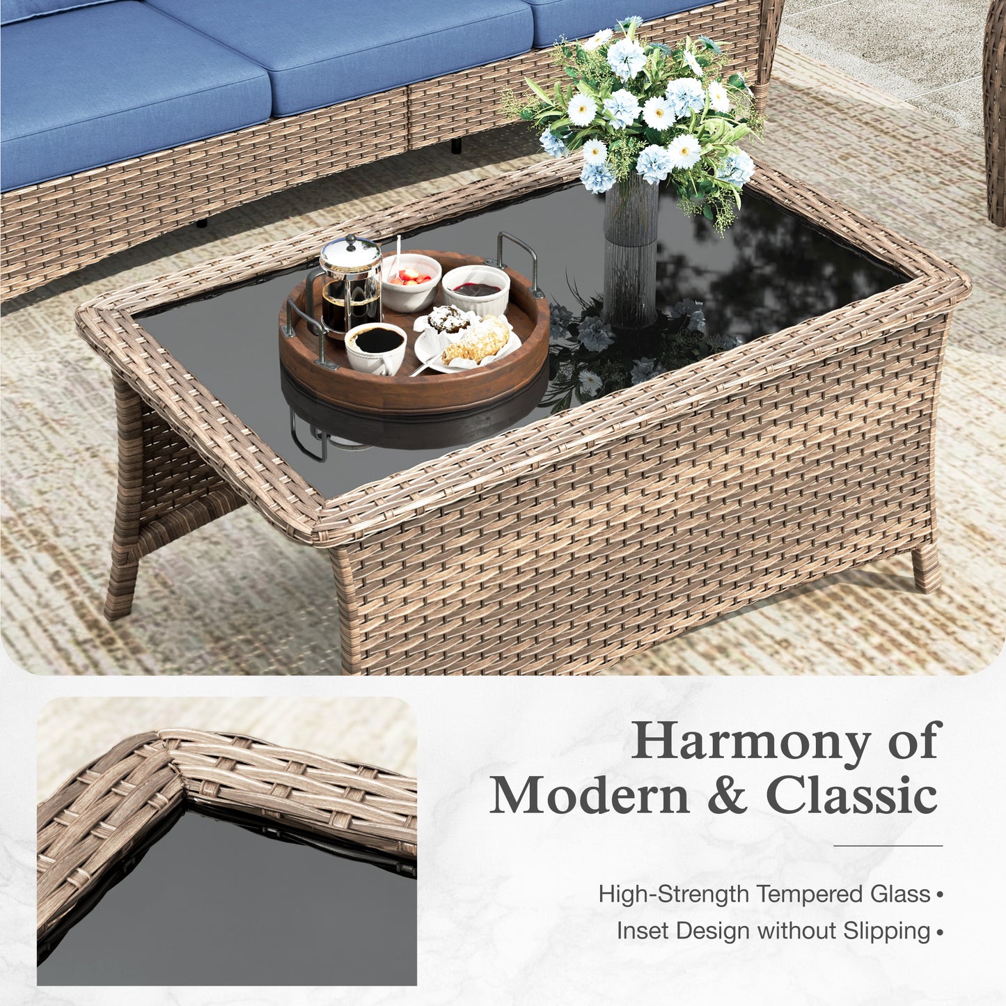 Sophia & William 6 Pieces Outdoor Patio Furniture Set 7-Seat Wicker Outdoor Conversation Sofa Set with Swivel Glider & 2 Ottomans, Navy